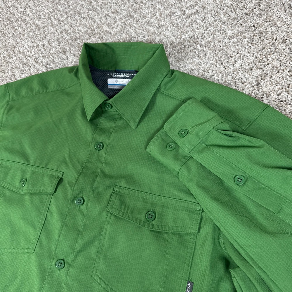 Columbia Shirt Mens Medium Green Polyester Ripstop Outdoor Hiking Button Up